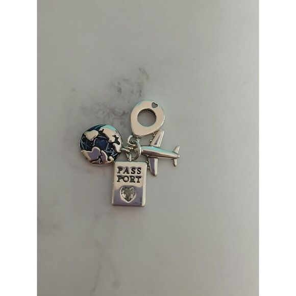 S925 Airplane Passport and Globe Triple Dangle Charm Blue Cubic Zirconia Accents - Picture 3 of 15